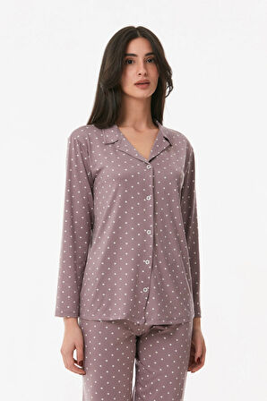 Puantiyeli Gömlek Yaka Pijama Takımı