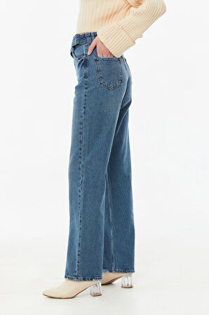 Yüksek Bel Kemer Detaylı Wide Leg Jean