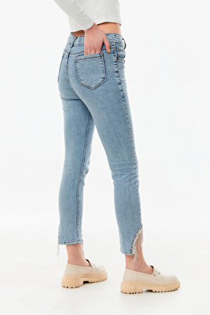 Taşlı Yüksek Bel Straight Fit Kız Çocuk Jean