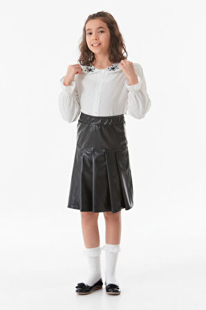 Suni Deri Yakası Nakışlı Kız Çocuk Takım