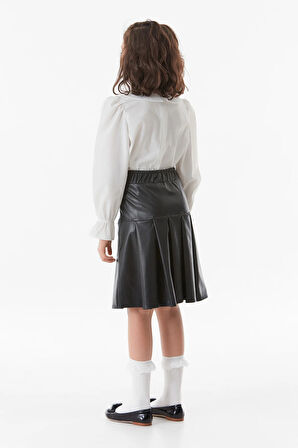 Suni Deri Yakası Nakışlı Kız Çocuk Takım