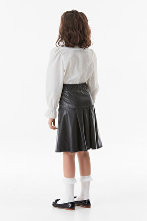 Suni Deri Yakası Nakışlı Kız Çocuk Takım