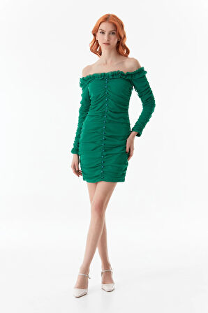 Yanları Büzgülü Düğme Detaylı Elbise