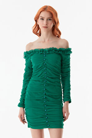 Yanları Büzgülü Düğme Detaylı Elbise