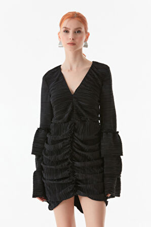 Önü Büzgülü V Yaka Elbise