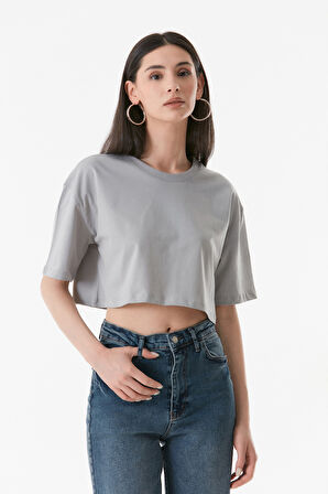 Basic Bisiklet Yaka Oversize Crop Tişört