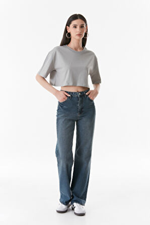 Basic Bisiklet Yaka Oversize Crop Tişört