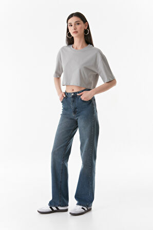 Basic Bisiklet Yaka Oversize Crop Tişört