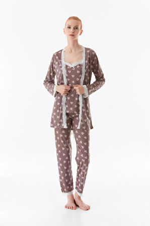 Kalp Baskılı İp Askılı 3 Lü Pijama Takımı
