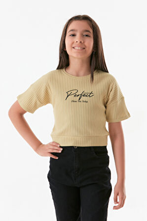 Yazı Baskılı Bisiklet Yaka Kız Çocuk Tişört