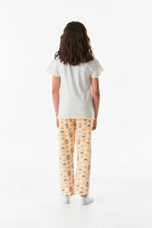 Kedi Baskılı Bisiklet Yaka Kız Çocuk Pijama Takımı