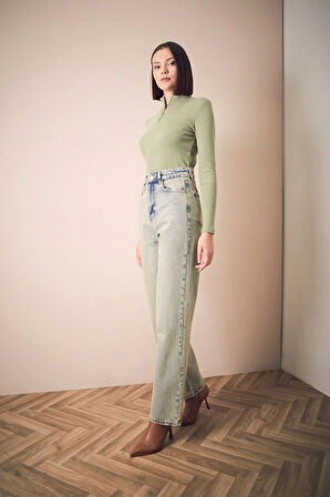 Eskitme Görünümlü Wide Leg Jean