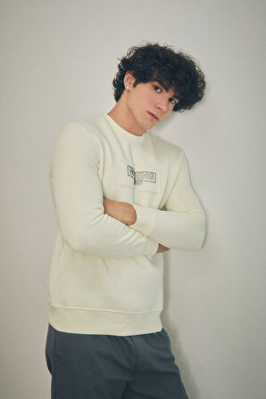 3 İplik Yazı Baskılı Bisiklet Yaka Sweatshirt