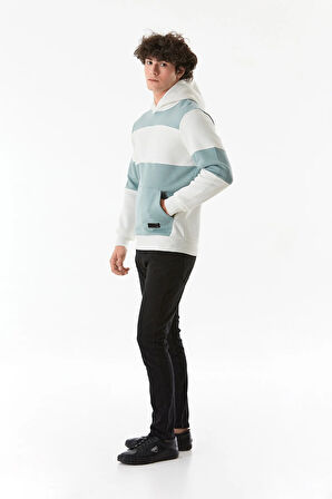 3 İplik Renk Bloklu Kanguru Cepli Kapüşonlu Sweatshirt