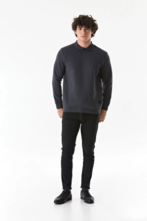 3 İplik Basic Polo Yaka Düğmeli Sweatshirt