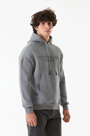 3 İplik Kabartma Baskılı Kapüşonlu Kanguru Cepli Sweatshirt