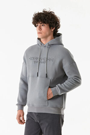 3 İplik Kabartma Baskılı Kapüşonlu Kanguru Cepli Sweatshirt