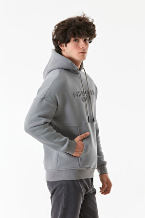 3 İplik Kabartma Baskılı Kapüşonlu Kanguru Cepli Sweatshirt