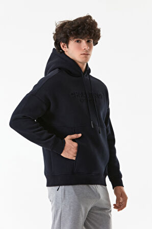 3 İplik Kabartma Baskılı Kapüşonlu Kanguru Cepli Sweatshirt