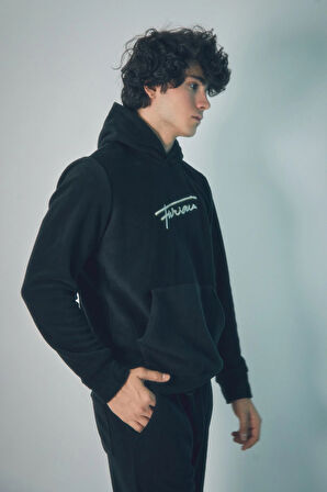 Yazı Nakışlı Kanguru Cepli Kapüşonlu Polar Sweatshirt