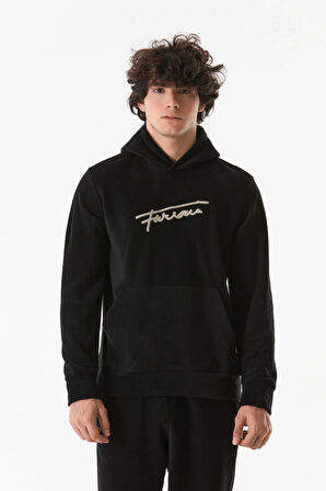 Yazı Nakışlı Kanguru Cepli Kapüşonlu Polar Sweatshirt