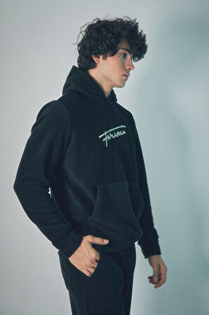 Yazı Nakışlı Kanguru Cepli Kapüşonlu Polar Sweatshirt