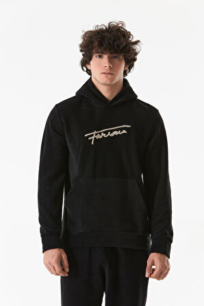 Yazı Nakışlı Kanguru Cepli Kapüşonlu Polar Sweatshirt