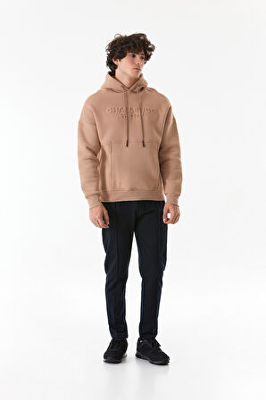 3 İplik Kabartma Baskılı Kapüşonlu Kanguru Cepli Sweatshirt