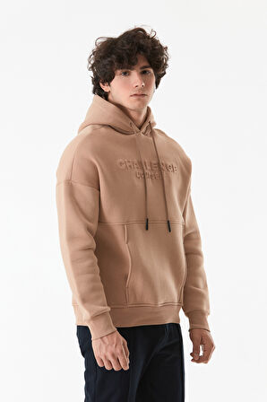 3 İplik Kabartma Baskılı Kapüşonlu Kanguru Cepli Sweatshirt