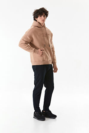 3 İplik Kabartma Baskılı Kapüşonlu Kanguru Cepli Sweatshirt
