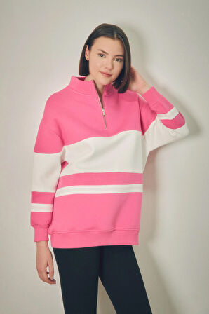3 İplik Renk Bloklu Yarım Fermuarlı Sweatshirt
