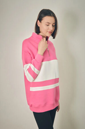 3 İplik Renk Bloklu Yarım Fermuarlı Sweatshirt