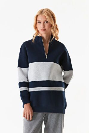 3 İplik Renk Bloklu Yarım Fermuarlı Sweatshirt