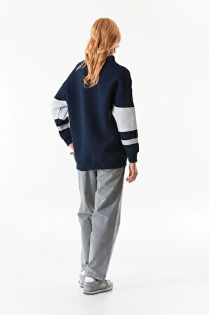 3 İplik Renk Bloklu Yarım Fermuarlı Sweatshirt