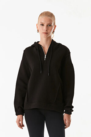 3 İplik Basic Yarım Fermuarlı Kapüşonlu Sweatshirt
