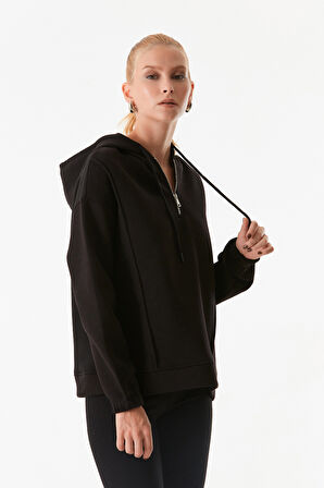3 İplik Basic Yarım Fermuarlı Kapüşonlu Sweatshirt