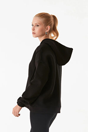 3 İplik Basic Yarım Fermuarlı Kapüşonlu Sweatshirt