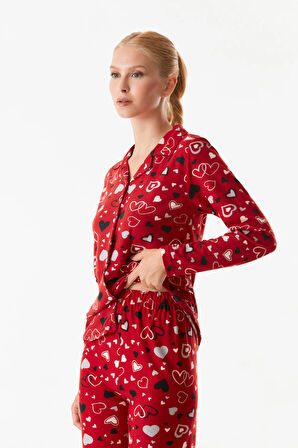 Kalp Desenli Gömlek Yaka Süet Pijama Takımı