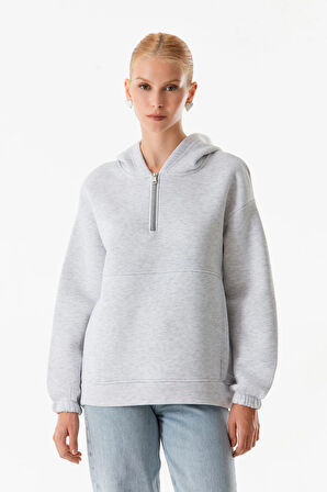 3 İplik Basic Oversize Yarım Fermuarlı Kapüşonlu Sweatshirt