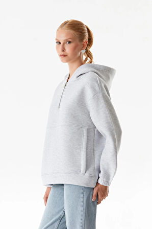 3 İplik Basic Oversize Yarım Fermuarlı Kapüşonlu Sweatshirt