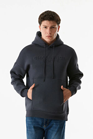 3 İplik Kabartma Baskılı Kapüşonlu Kanguru Cepli Sweatshirt