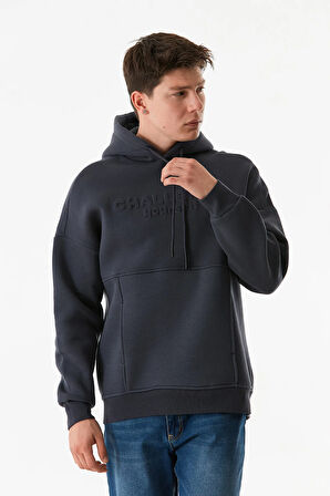 3 İplik Kabartma Baskılı Kapüşonlu Kanguru Cepli Sweatshirt