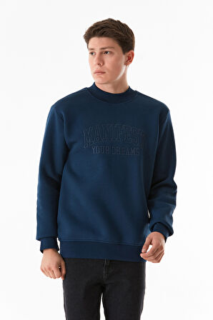 3 İplik Yazı Nakışlı Dik Yaka Sweatshirt