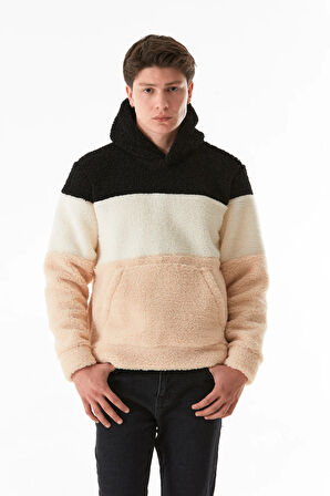 Renk Bloklu Kanguru Cepli Kapüşonlu Peluş Sweatshirt