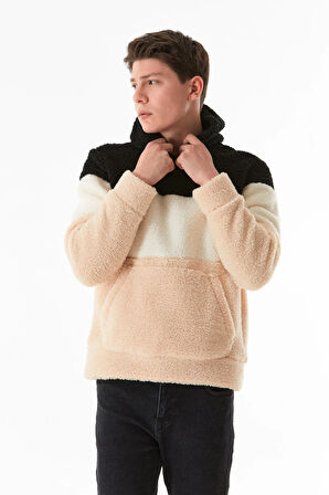Renk Bloklu Kanguru Cepli Kapüşonlu Peluş Sweatshirt