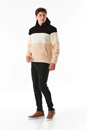 Renk Bloklu Kanguru Cepli Kapüşonlu Peluş Sweatshirt