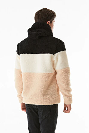 Renk Bloklu Kanguru Cepli Kapüşonlu Peluş Sweatshirt