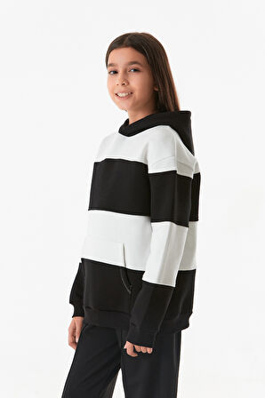 Renk Bloklu Kapüşonlu Kız Çocuk Sweatshirt