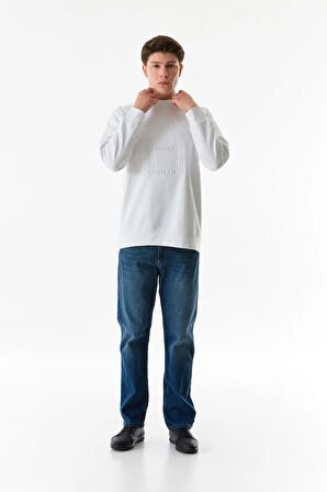 Yazı Kabartmalı Bisiklet Yaka Sweatshirt