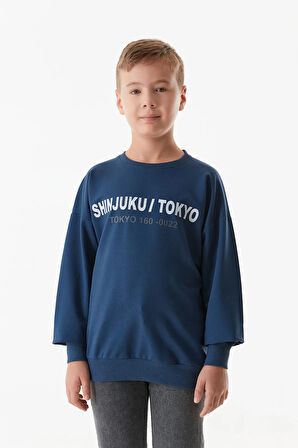 Tokyo Yazı Baskılı Bisiklet Yaka Erkek Çocuk Sweatshirt